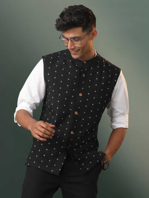 Vastramay Men's Black Jacquard Cotton Nehru Jacket